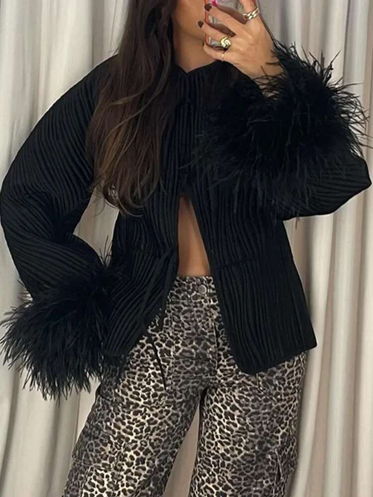 Fashion Solid Loose Spliced Feather Cuffs Lace Up Cotton Coat Streetwear O Neck Long Sleeves Jacket 2024 Autumn Winter Jackets