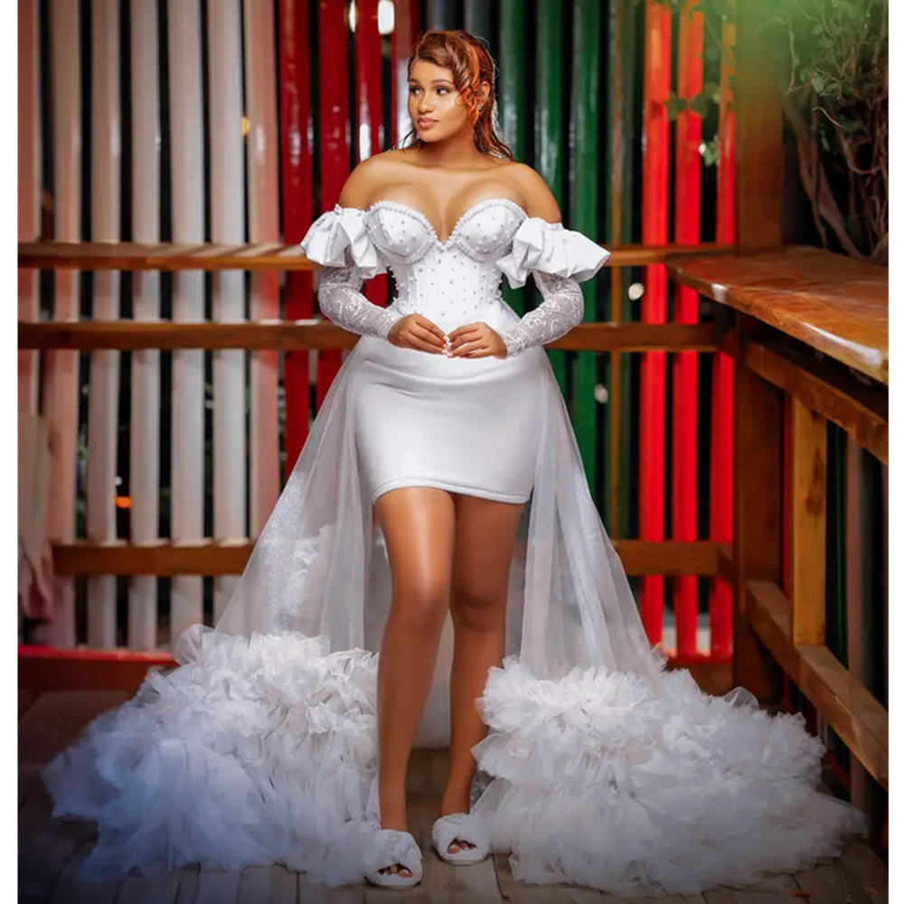 White Satin Long Sleeves Sheath Mini Wedding Dresses With Detachable Overskirt Sweetheart Neck Short Bridal Gowns Vestido De Novia