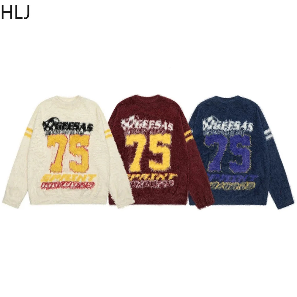 HLJ American Vintage Print Loose Knitted Sweater Women O Neck Long Sleeve Pullover Spring Neutral Style Oversize Top Clothes 250108