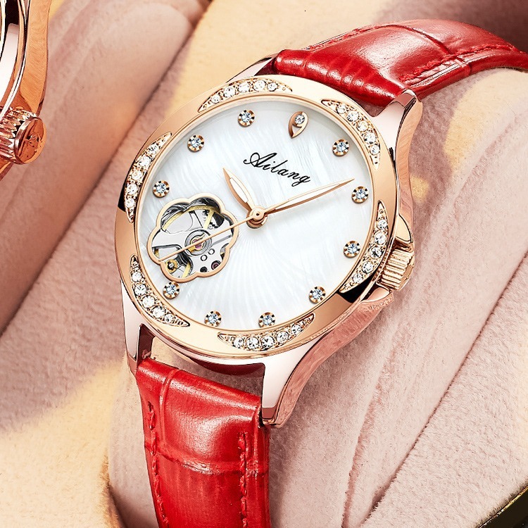 Innovative Design Ladies' Automatic Mechanical Watch with Diamond-Encrusted Skeleton Dial - Birthday Gift