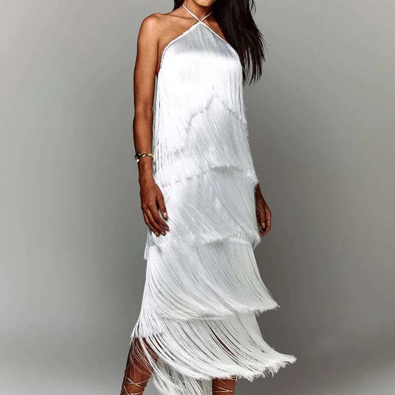 Fashion Layered Solid Color Ladies Sexy Off-Shoulder High Waist Slim Chic Club Party Fringed Sleeveless Long Dress