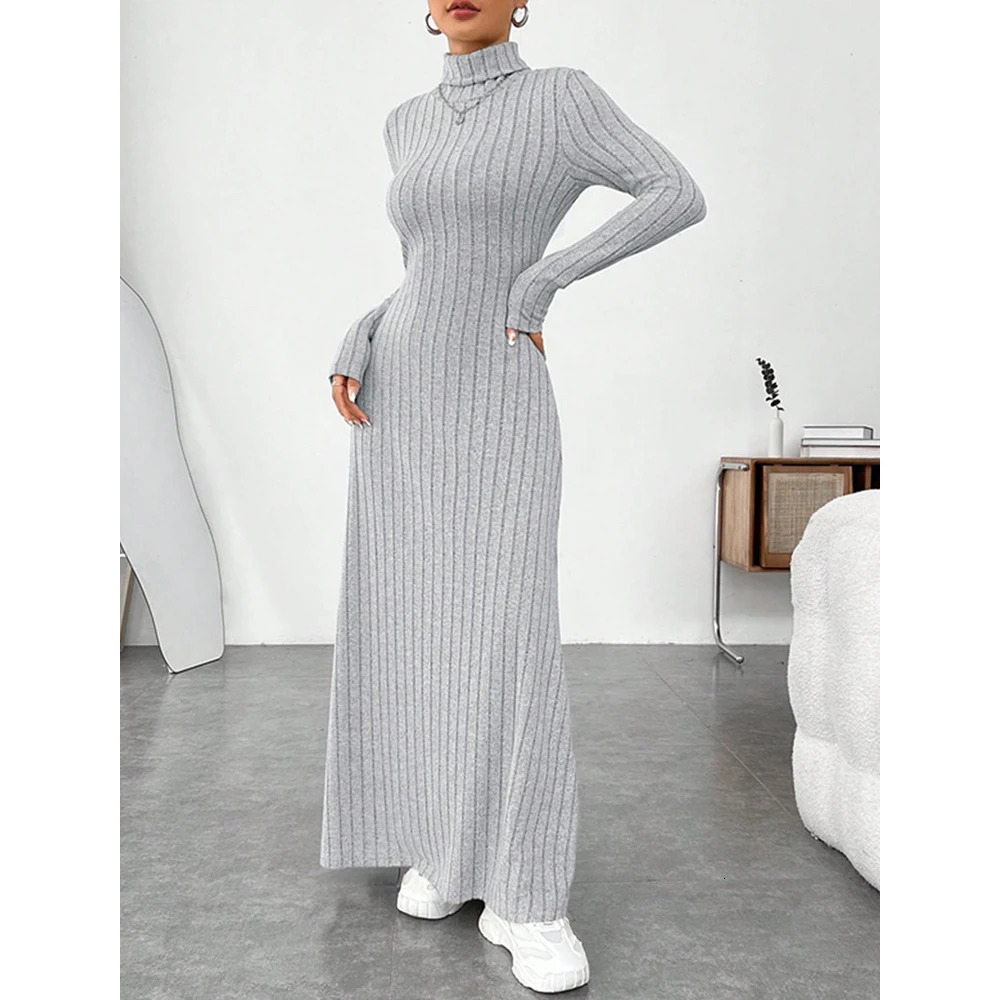 Mia Muse Womens Dresses Autumn Winter Decent Simple Solid Color Long Sleeve HighNeck Maxi Wrap Casual 250106