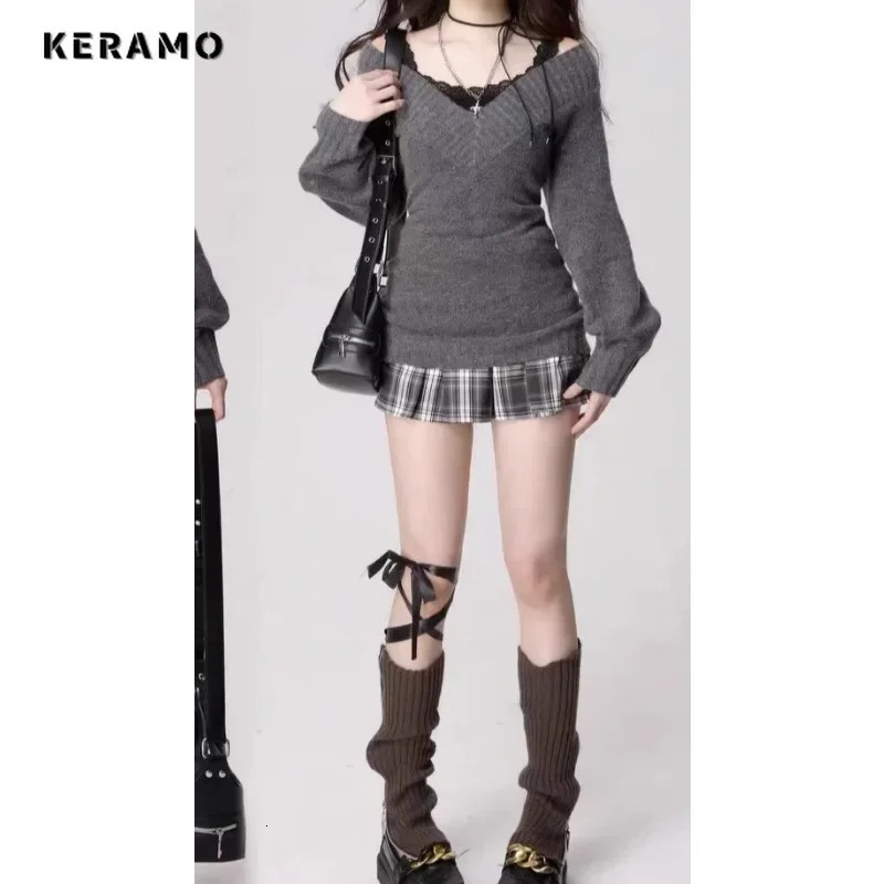 Autumn Vintage Elegant Style 2 Piece Set Women Lace Knit Sweater Patchwork Skirt Sexy Retro Two Outfits 250106