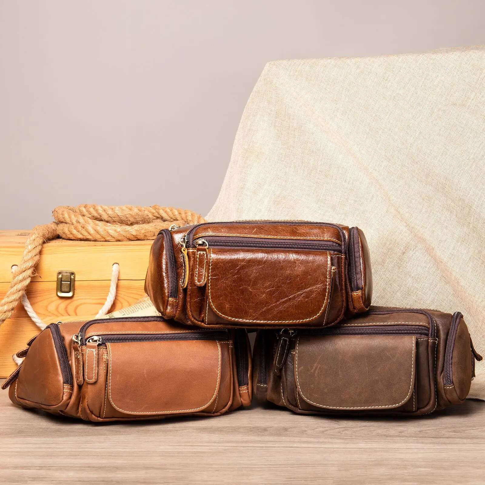 Leather Retro Large-Capacity Outdoor First Layer Cowhide Men's Fanny Pack, Shoulder Messenger Bag