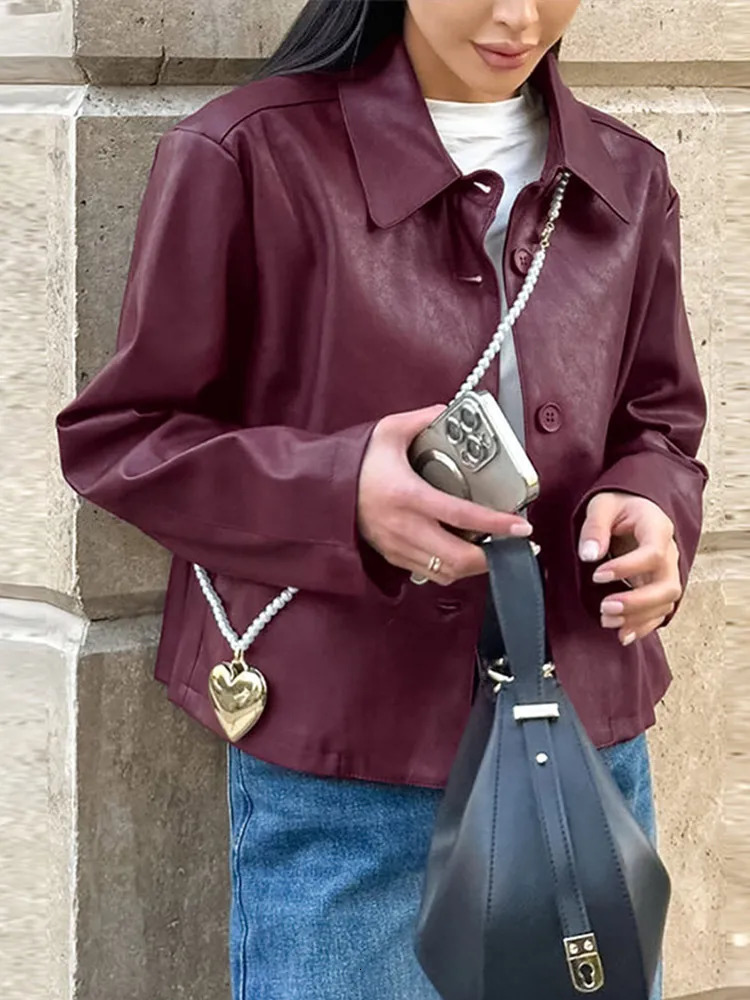 Vintage Burgundy Leather Jacket Street Laple Single Breasted Full Sleeve Lady Coats 2025 Spring Fashion Female Outwears 250103