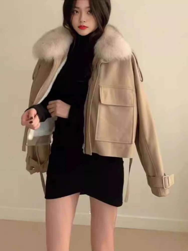 New Veet Thickened Leather Jacket Clothing Short Detachable Rabbit Fur Collar Warm Black Coats Women Tops Autumn/Winter