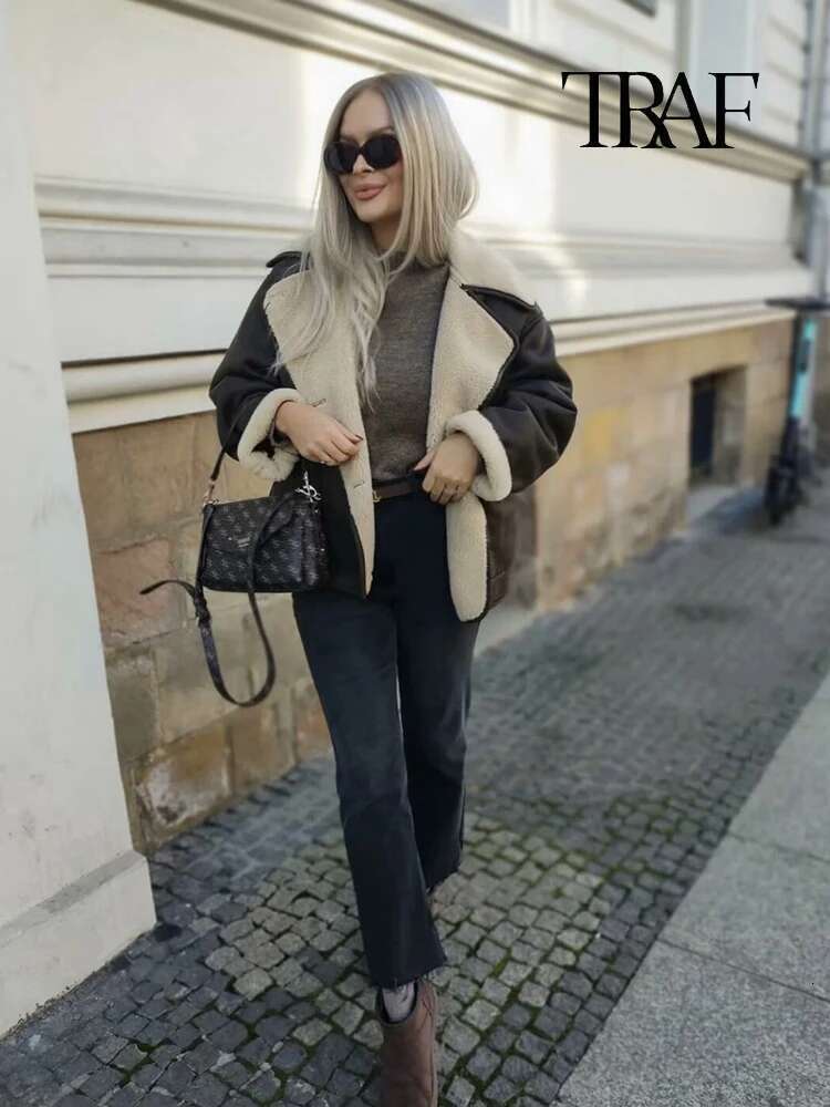 TRAF Women's Fashion Retro Khaki Faux Leather Warm Thickened Autumn And Winter Lapel Single Breasted Pocket Commuter Coat