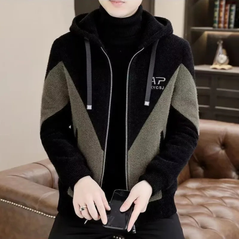 Man Coat Lamb Wool Jacket Elegant Office Store Winter Outwear Hooded Windbreaker Color Blocked Loose Thicken Warmth Top Trend 250106