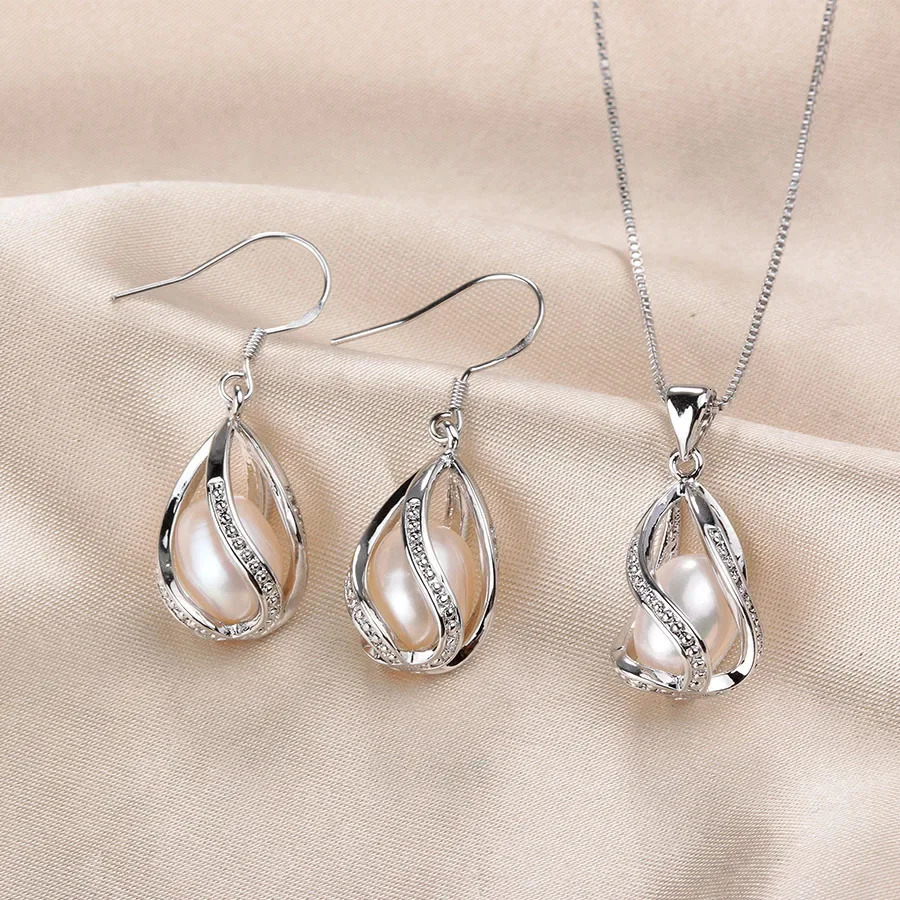 YWYC 89mm Natural Freshwater Pearl In Cage Pendant Necklace Drop Earrings Jewelry Set for Women 250109