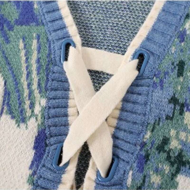 Vintage Oil Ral Painting Lace-Up Sweater Vest Women Fashion Young Sweet All-Match Popular Knitted Sleeveless Tops Girls Soft