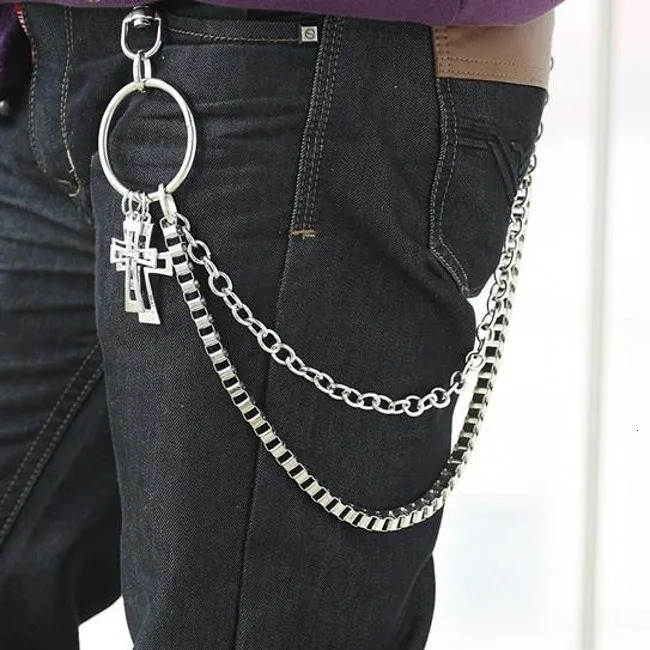 Mens Hip Top Punk Rock Jeans Pants Trousers Wallet Waist Chain Mens Skull Ghost Head Metal Chains Two Strands Biker Keychain 250107