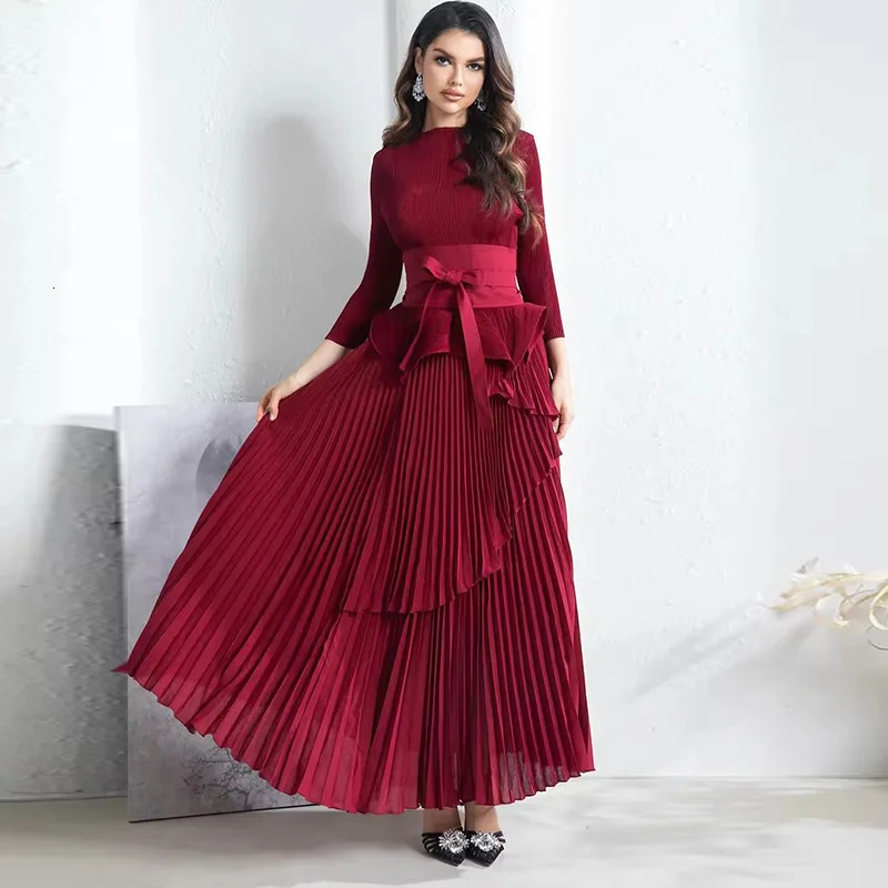 Women Pleated 2 Pieces Set Spring Holiday Bandage Belt Ruffles Stretch Irregular TopElastic Waist Long Skirt Suit Outfits 250106
