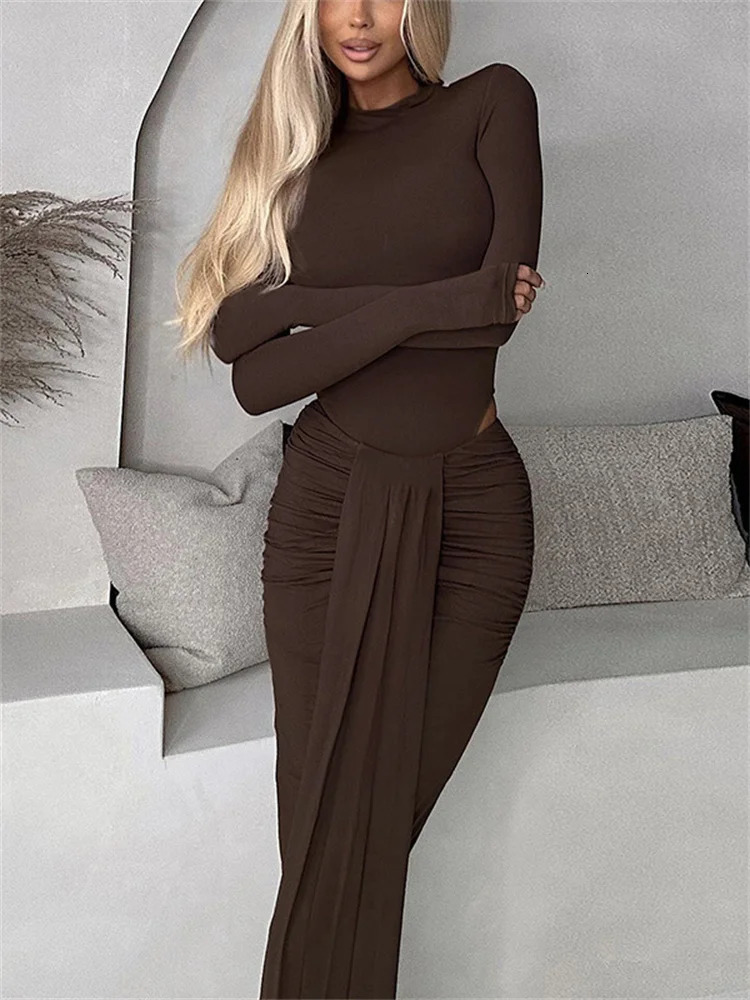 Tossy Winter Ladies 2 PieceSet Maxi Skirt Casual High Waist Jumpsuit And Pleated Long Outfits Sexy Solid Skinny 250106