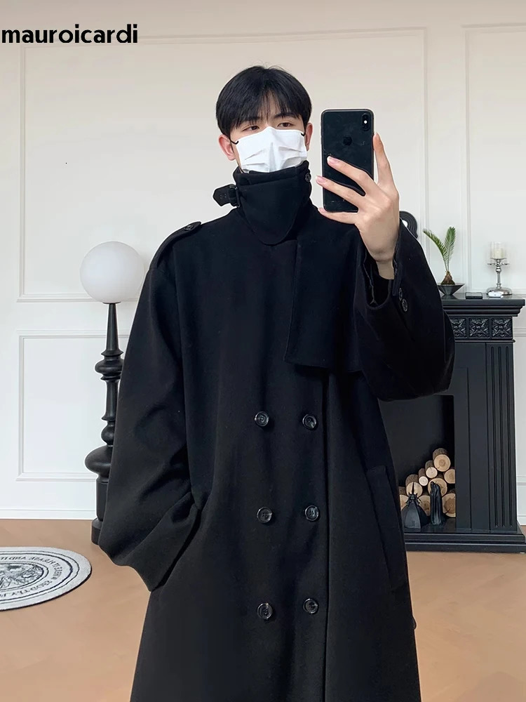 Mauroicardi Autumn Winter Long Oversized Windproof Black Warm Woolen Coat Men Sashes Double Breasted Wool Blends Overcoat 2023 250106
