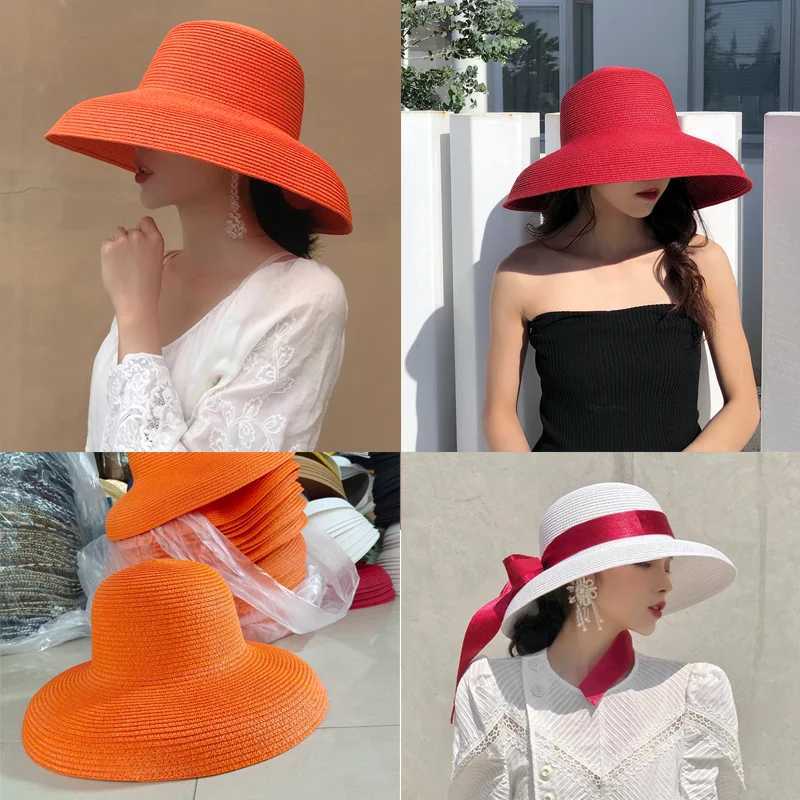 Orange Hat New Wens Sun Hat Folding Beach Hat Big Brim Travel Sunscreen Hepburn Wind Sun Hat Travel Hat X250109