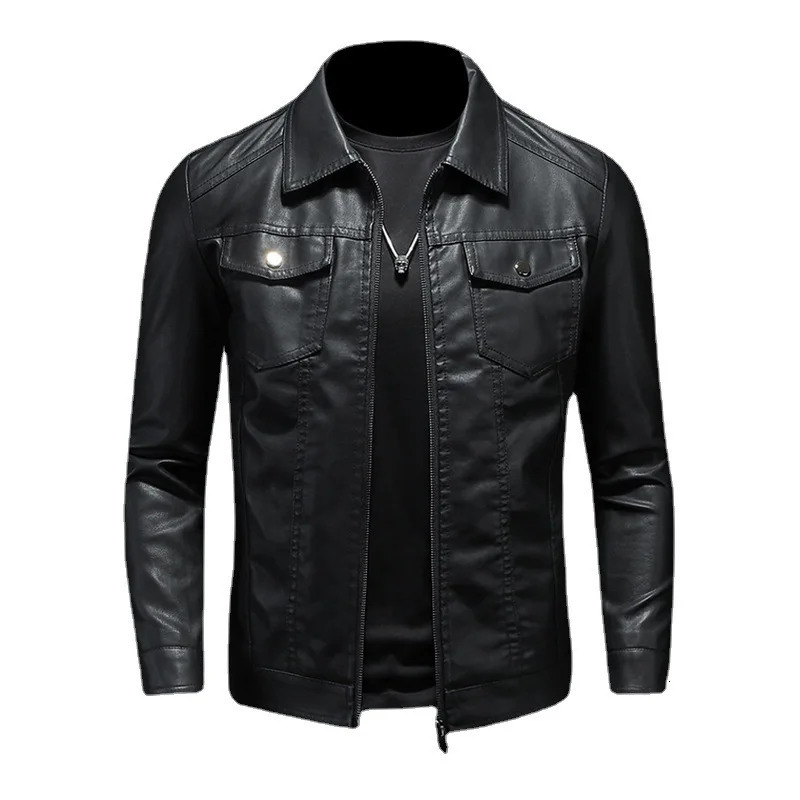 Mens Motorcycle Leather Jacket Large Size Pocket Black Zipper Lapel Korean Slim Fit Male High Quality PU Leather Coat for Men 250109