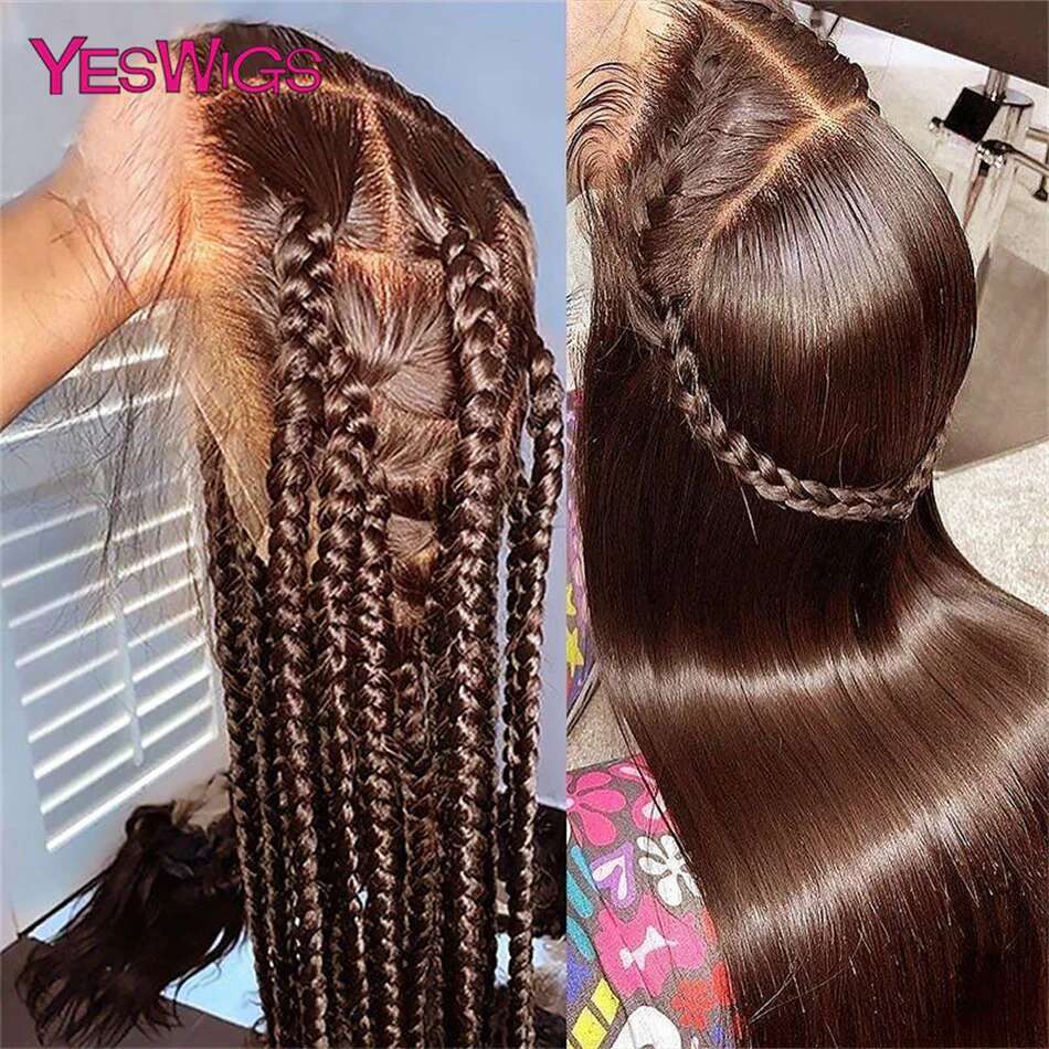 HD 13X6 Chocolate Brown Front 30 34 Inch Straight Lace Frontal Wig 100% Pre Plucked Colored Human Hair Wigs