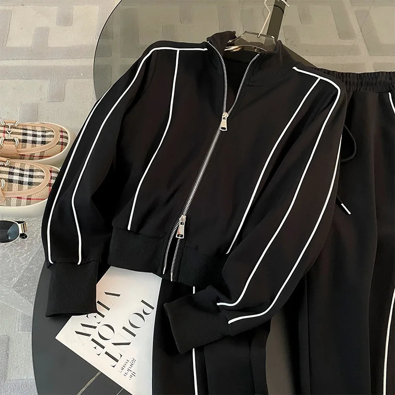 Autumn Casual Cozy Style Two-piece Set Women Long Sleeve Zipper Coat Elastic Waist Pants Sports Trousers Set Outfits 250109