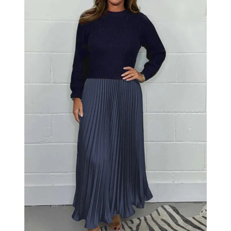 Autumn Winter Women Dress Twopiece Knitted Sweater Pleated Skirt Patchwork Long Sleeve Round Neck Aline Maxi 250106