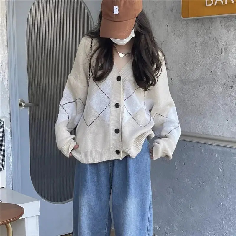 Diamond Shaped Sweater Jacket Cardigan Womens Loose Retro Lazy Style Knitted Long Sleeved Top 250108