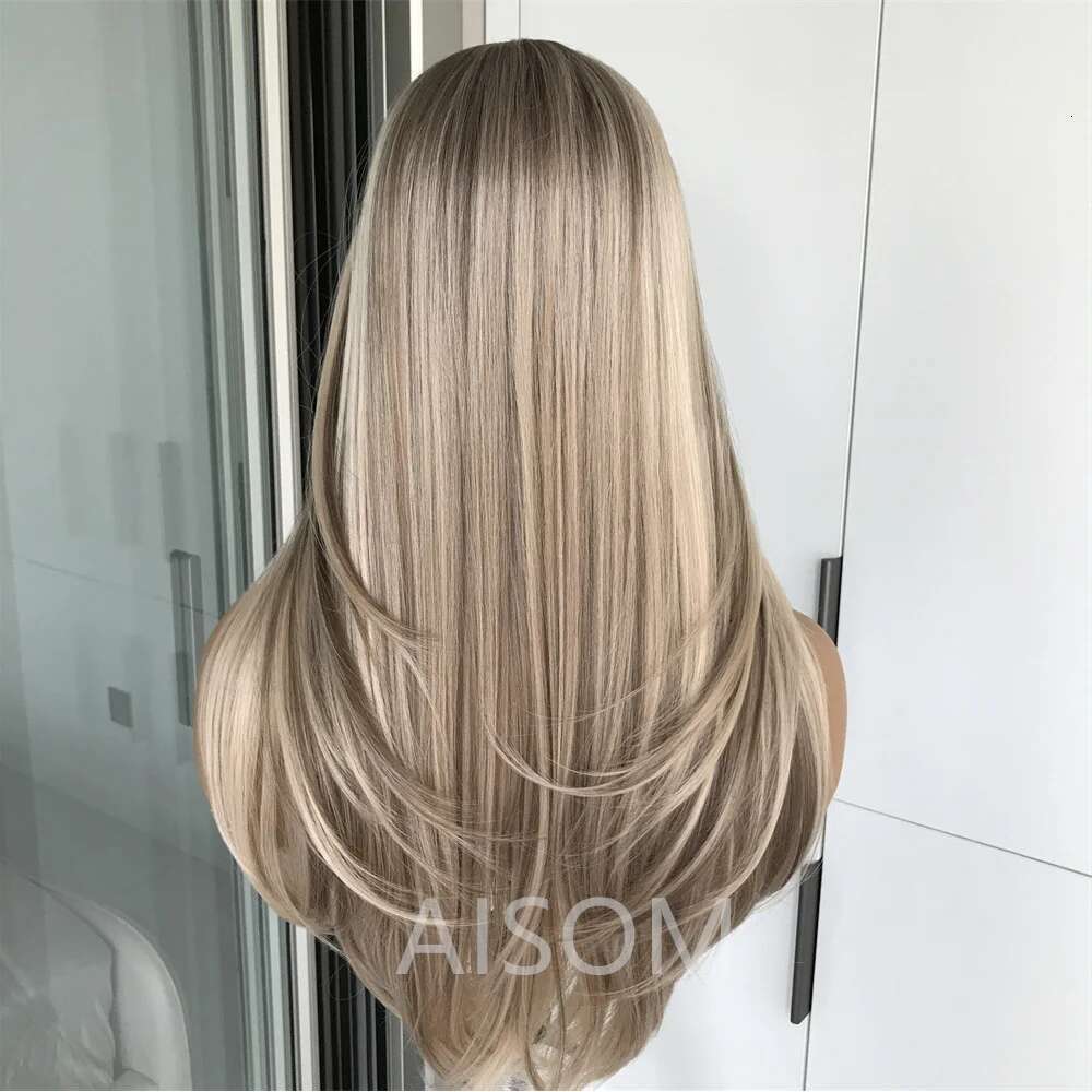 Front Highlight Layered Straight Synthetic Lace Wigs For Women Blonde Mix Brown Colored Wig Pre Plucked