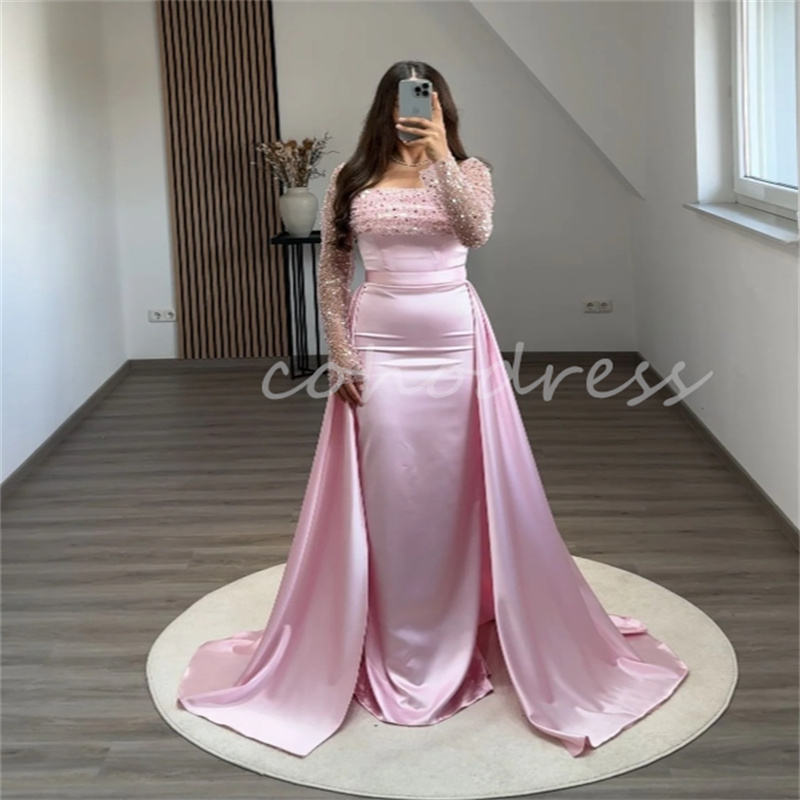 Saudi Arabic Baby Pink Evening Dress With Overskirt Train 2 In 1 Dubai Abaya Prom Dress Long Sleeve Sequin Engagement Dress Ceremony Formal Occasion B