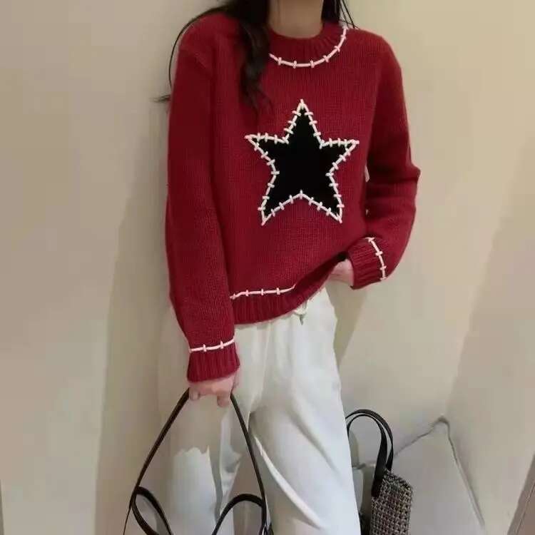 Korean Fashion Star Green Long Sleeve Sweater For Autumn/Winter New Round Neck Loose Casual Knitted Pullover Women Tops