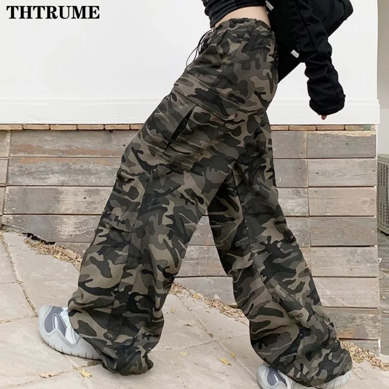 Spring High Waist Drawstring Cargo Pants Fashion Women Pocket Oversized Baggy Pant Casual Streetwear Camouflage Retro Trousers 250108