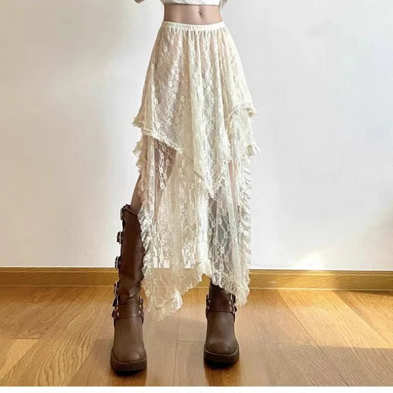 Chic Irregular Aline Skirts Fashion Holiday for Women Vintage Ruffles Floral Kintted Lace Streetwear Faldas Mujer 250106
