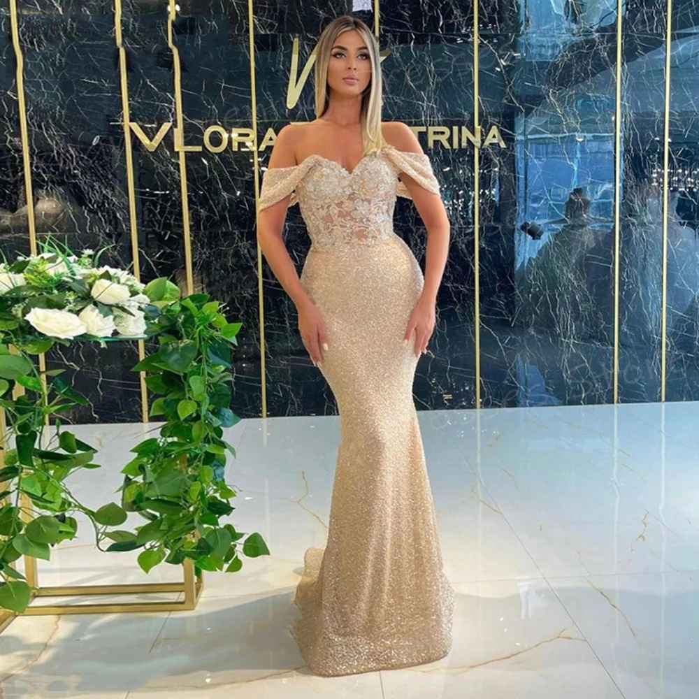 Off Shoulder Evening Dress, Sequined Appliques, Sweep Train, Custom Fit, 2024 Party Gown
