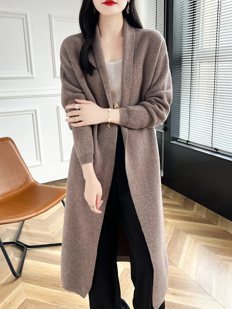 Women Long Cardigan Cashmere Sweater Spring Autumn Winter Office Lady Loose Coat 100% Merino Wool Knitwear Korean Fashion 250106