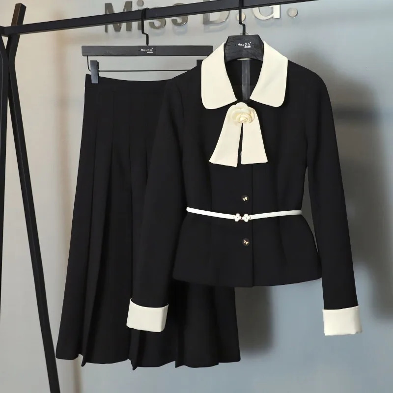 Lnsozkdg Elegant Black Splice Lapel Single Breasted Long Sleeve Contrasting Belt Womens Ruffle Coat Skirt Two Pieces Sets 250106