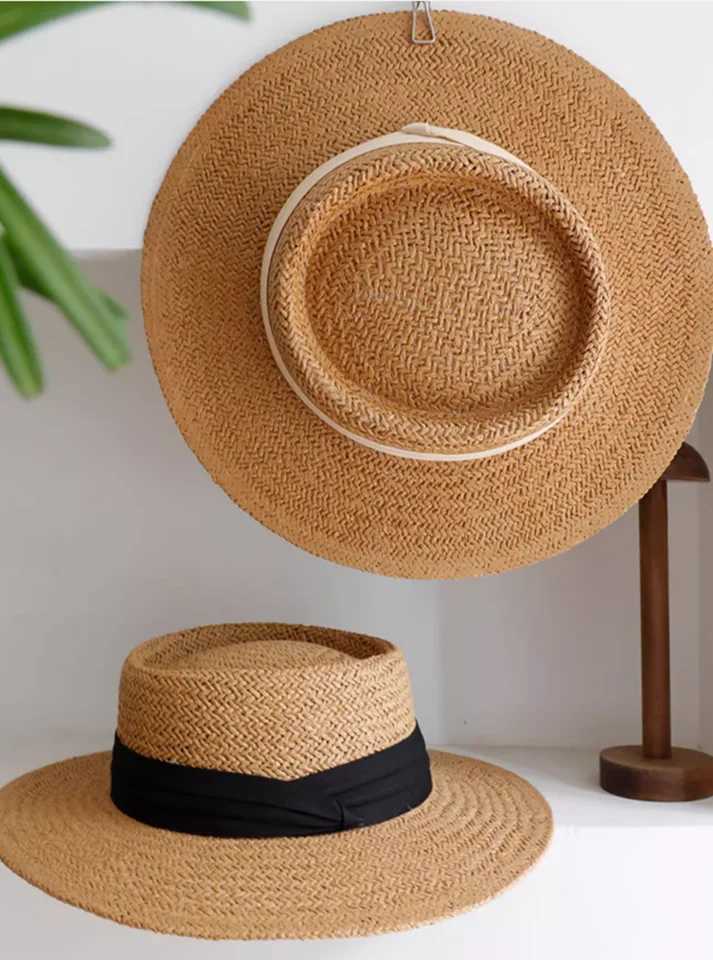 Dolphin French style warm summer sunny beach flat straw hat Khkai vacation Panama straw hat woven small top hat white ribbon X250109