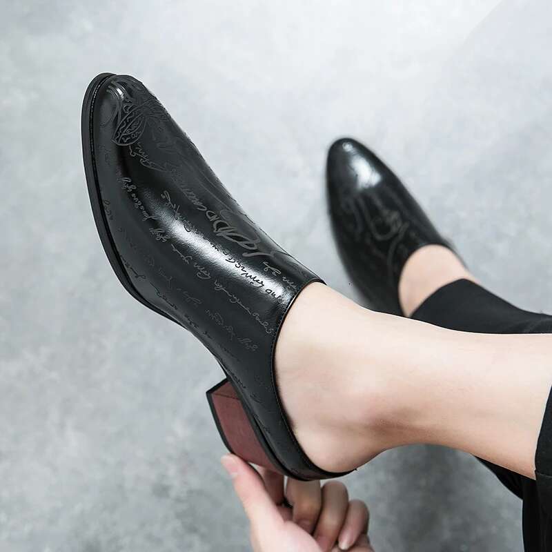 New Summer High Heel Mules Men Half For Man Leather Slippers Mens Casual Shoes Formal Loafers Dress Male Slides Sandals