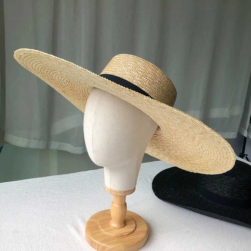 New Brim rowing hat 15cm wide Brim straw hat plain weave summer Kentucky derby hat white black ribbon tie sun hat beach hat X250109