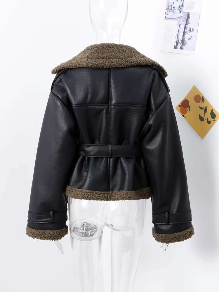 Fashion PU Leather Lamb Wool Cropped Coat With Belt Women Turn Down Collar Long Sleeve Short Bike Jacket Autumn Winter Chic Tops