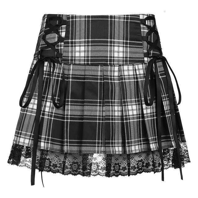 Women's Wear Up Goth Y2k Woman Skirts Pink Stripe Plaid Lace Trim Pleated School Skirt Punk Dark Academia Aesthetic E Girl Clothes