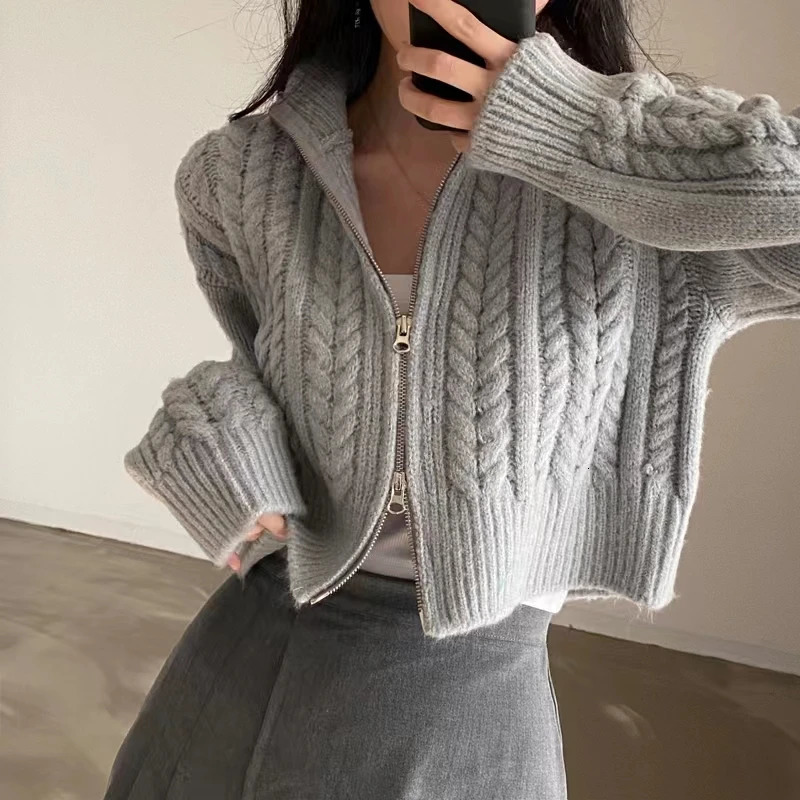 Twists Knit Short Coat Long Sleeve Zipper Sweater Casual Women Cardigan Vintage Winter Korean Chic Elegant Lady Trend Top 250106