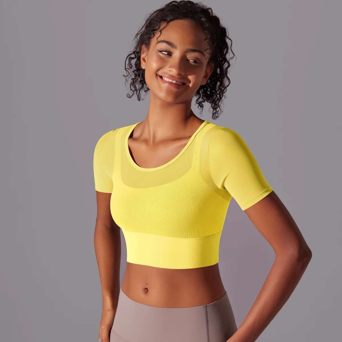 Solid Color Splicing Mesh Sexy Double Layer Camisole Short Sleeve Bra Gathering Running Fiess Yoga Clothing Top