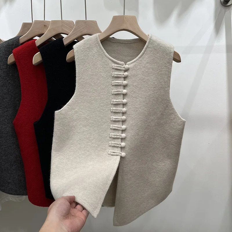 Fashion Autumn Winter Round Neck Solid Color Button Cardigan Sleeveless Sweater Knitted Vest Womens Clothing Basic Tops 250108