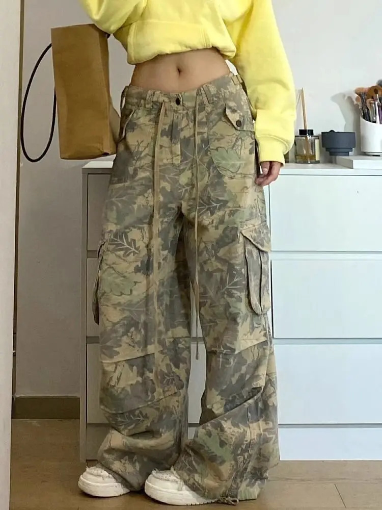 HOUZHOU Vintage Y2k Camouflage Cargo Pants Women Hip Hop Style Wide Leg Camo Pants Tie-dye Streetwear Grunge Aesthetic 90s Pants 250109