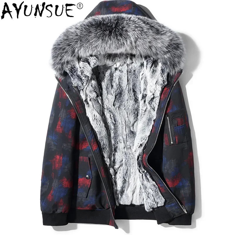 AYUNSUE Real Fur Parka Men Clothing Autumn Winter Detachable Rex Rabbit Liner Coat Hooded Jackets Collar 250107