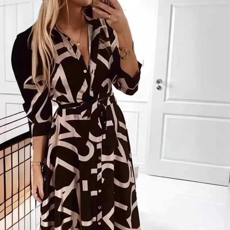 Women Dress Vneck Spring Autumn Geometry Printed buttonup longsleeved Woman midcalf Dresses Vestidos TXGL028 250106