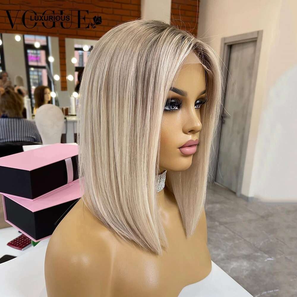 Frosted Wheat Blonde Short Bob 13x4 Lace Front Wig Brazilian Remy Human Hair Pre Plucked Ombre Ash e Cut 13x6 Frontal Wigs