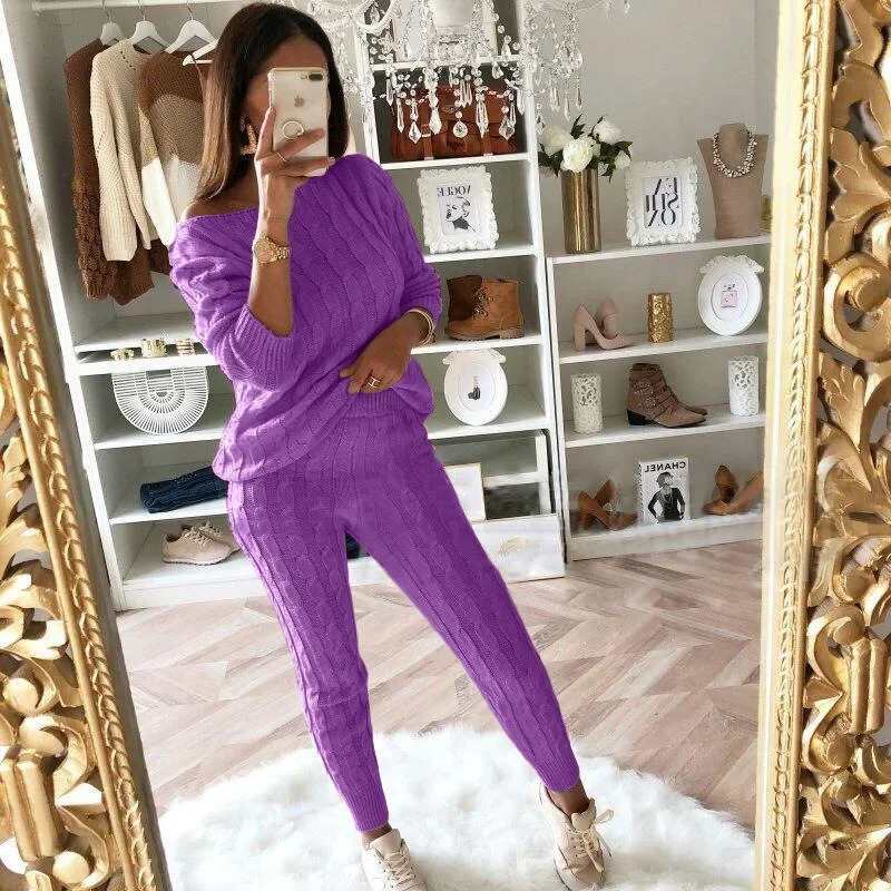 Autumn Winter Women Knitted Tracksuit Two Piece Set Female Sweater Tops Elastic Waist Pant Suit Outfits 250106