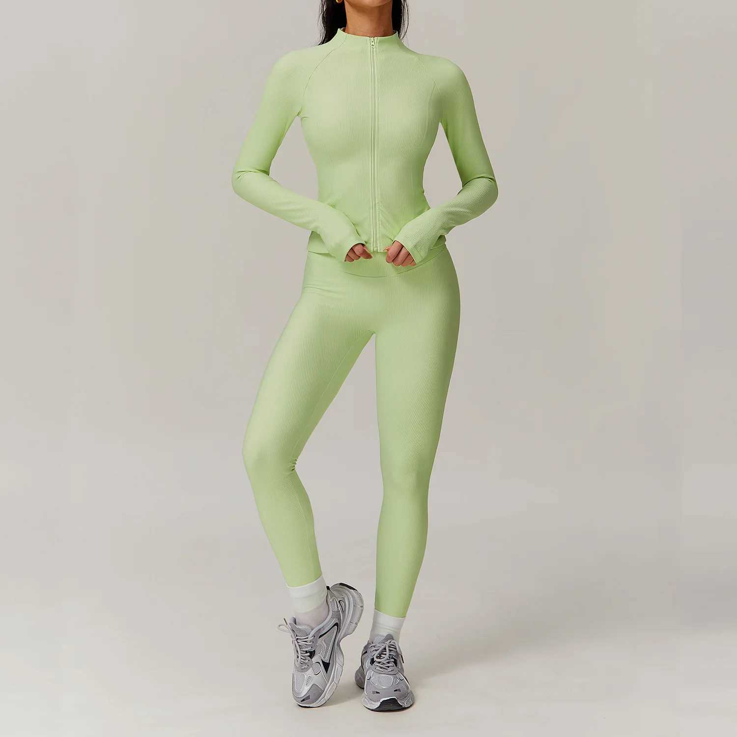 2PCS Women Yoga Set Workout Tracksuits Sportswear Gym Clothing Fitness Long Sleeve Jacket High Waist Leggings Ribbed Sports SuitXJ250109