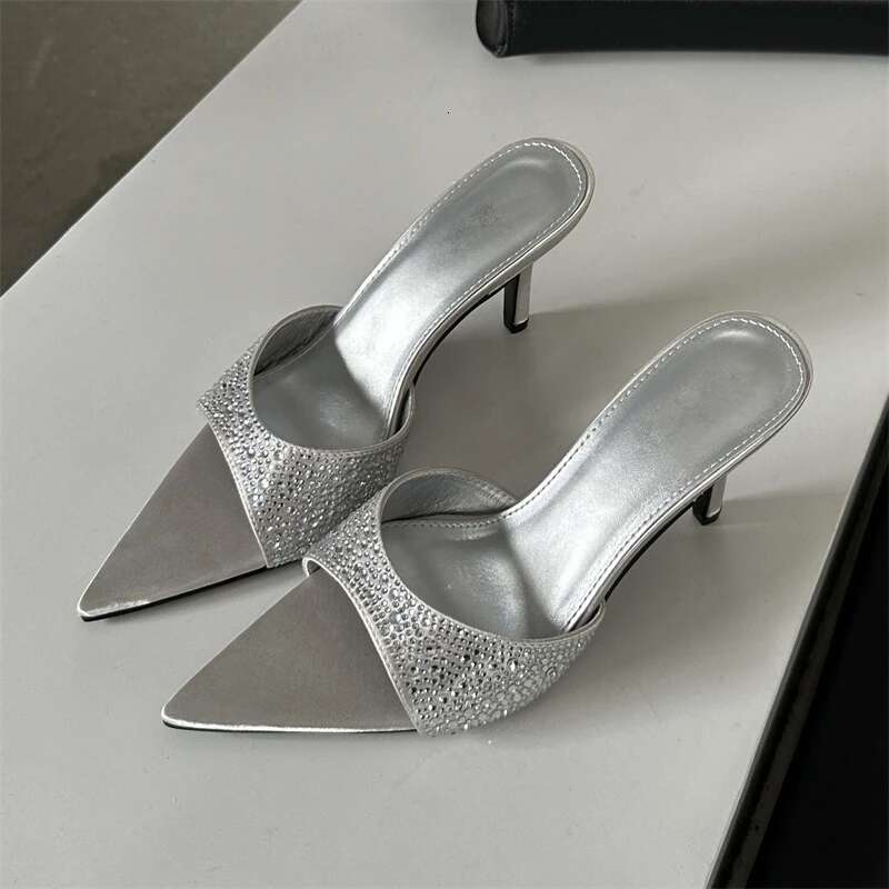 Eilyken 2025 New Summer Silk CRYSTAL Women Slippers Sandals Fashion Thin Heels Mule Beach Slides Shoes Atos Mujer