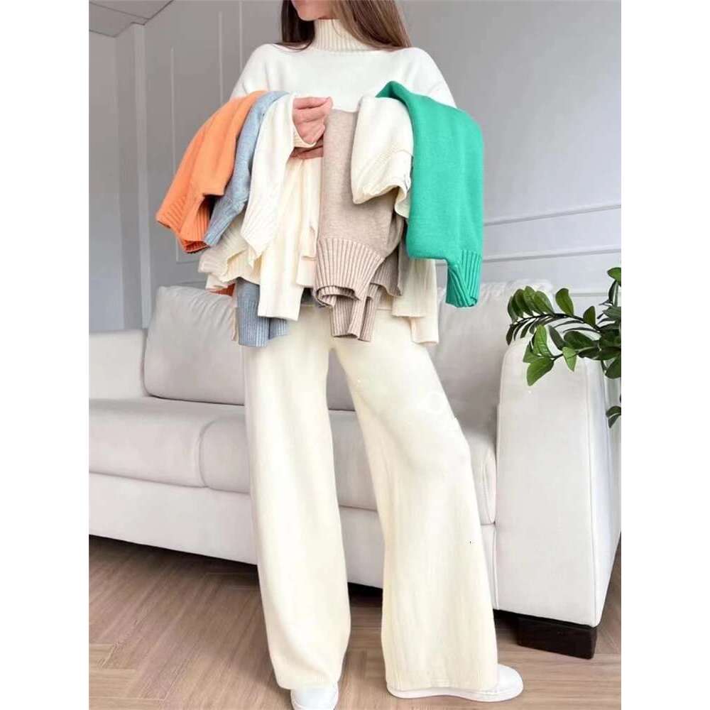 Women's Wear Autumn Winter 2 Pieces Women Sets Knitted Tracuit Turtleneck Sweater And Straight Jogging Pants Suits