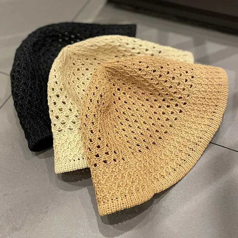 Handmade crocheted cork summer hat foldable bucket hat hollow solid color beach hat simple and soft warm hat X250109