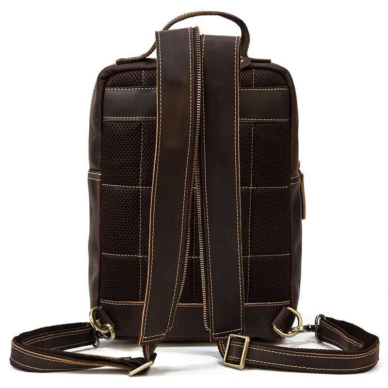 Crazy Horse Mens Chest Bag Single Shoulder 2 Use Vintage Cow Leather Male Travel Backpack Daypack Brown